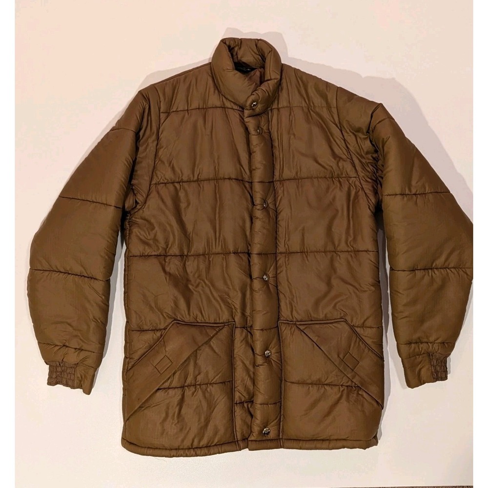 VTG JCPenney Puffer Jacket Men Mustard Tan Ripstop Quilted Snap Front Coat Large